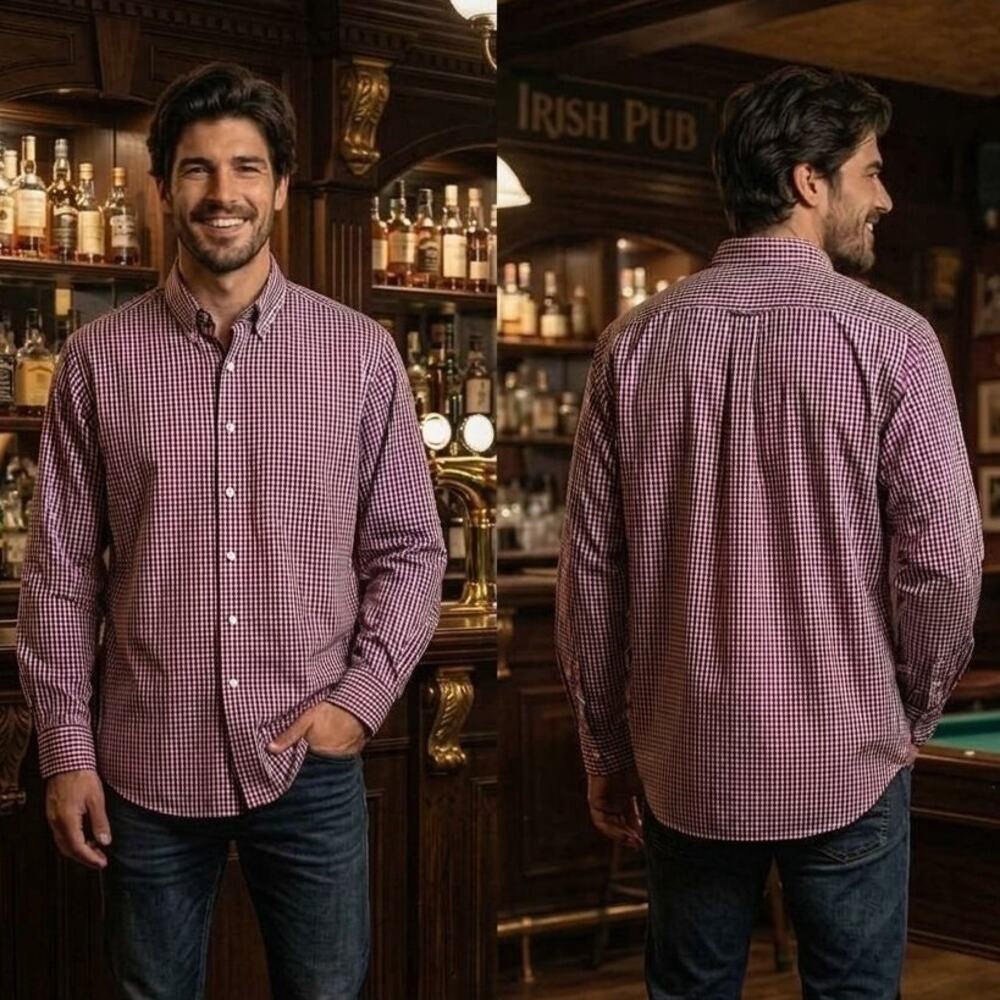 Izod Mens Red White Blue Gingham Button Shirt 15 15.5 32 33 Classic Fit 46 Chest